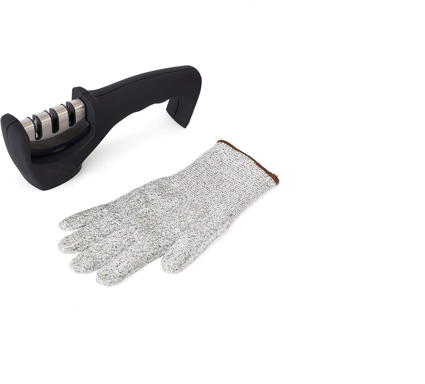 AJ 4-in-1 Kitchen Knife Accessories, Hand Knife Sharpener with 3 Levels, Anti-Cut Glove Set