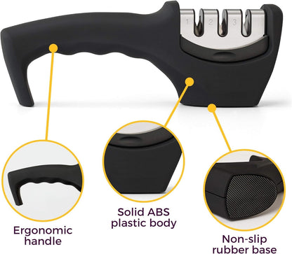 AJ 4-in-1 Kitchen Knife Accessories, Hand Knife Sharpener with 3 Levels, Anti-Cut Glove Set