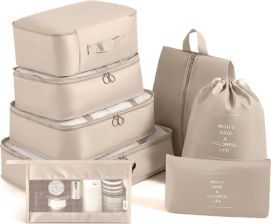 AJ 8-Pack Travel Packing Cubes for Suitcases, Set of 8pcs (Various Sizes), Beige