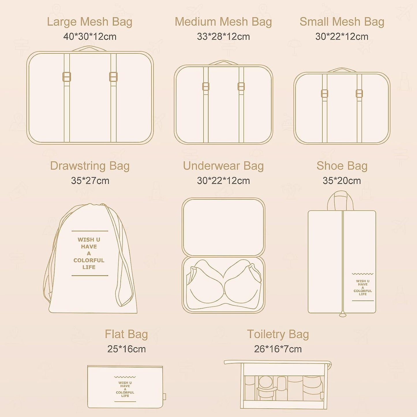 AJ 8-Pack Travel Packing Cubes for Suitcases, Set of 8pcs (Various Sizes), Beige