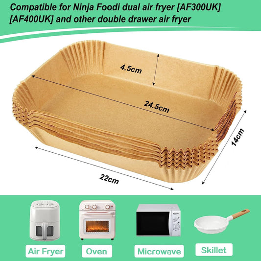 AJ Air Fryer Disposable Paper Liner Rectangle, for Dual Air Fryer 22cm Rectangular, Set of 50pcs