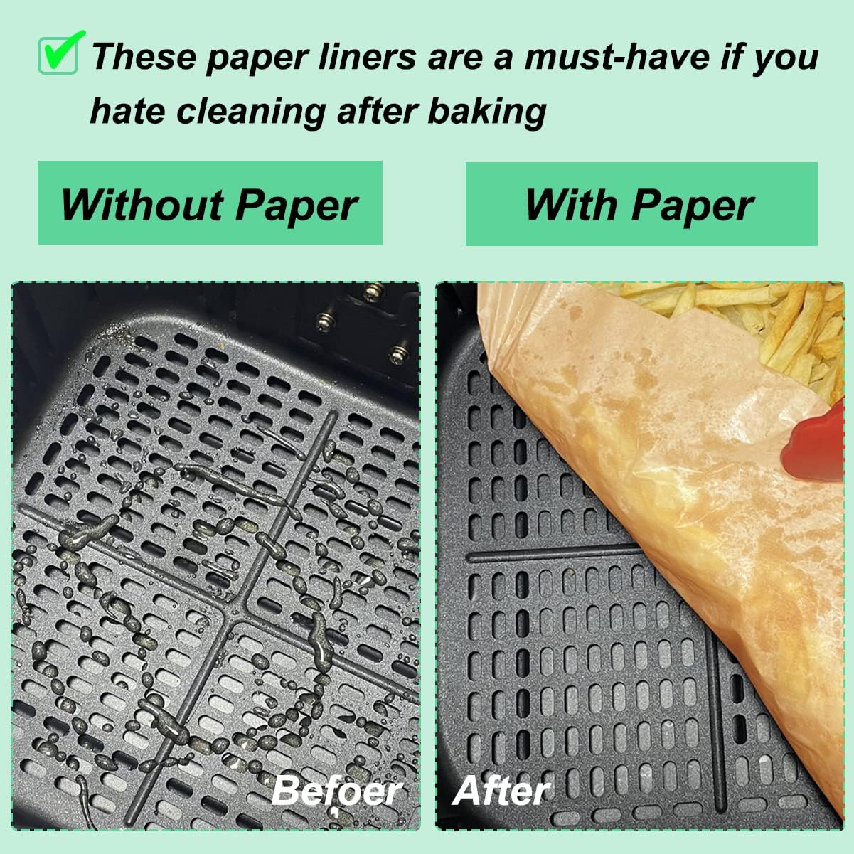 AJ Air Fryer Disposable Paper Liner Rectangle, for Dual Air Fryer 22cm Rectangular, Set of 50pcs