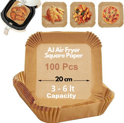 AJ Air Fryer Disposable Paper Liner Square, Non-stick Baking Papers for Air Fryer 20cm Squares, Set of 100pcs
