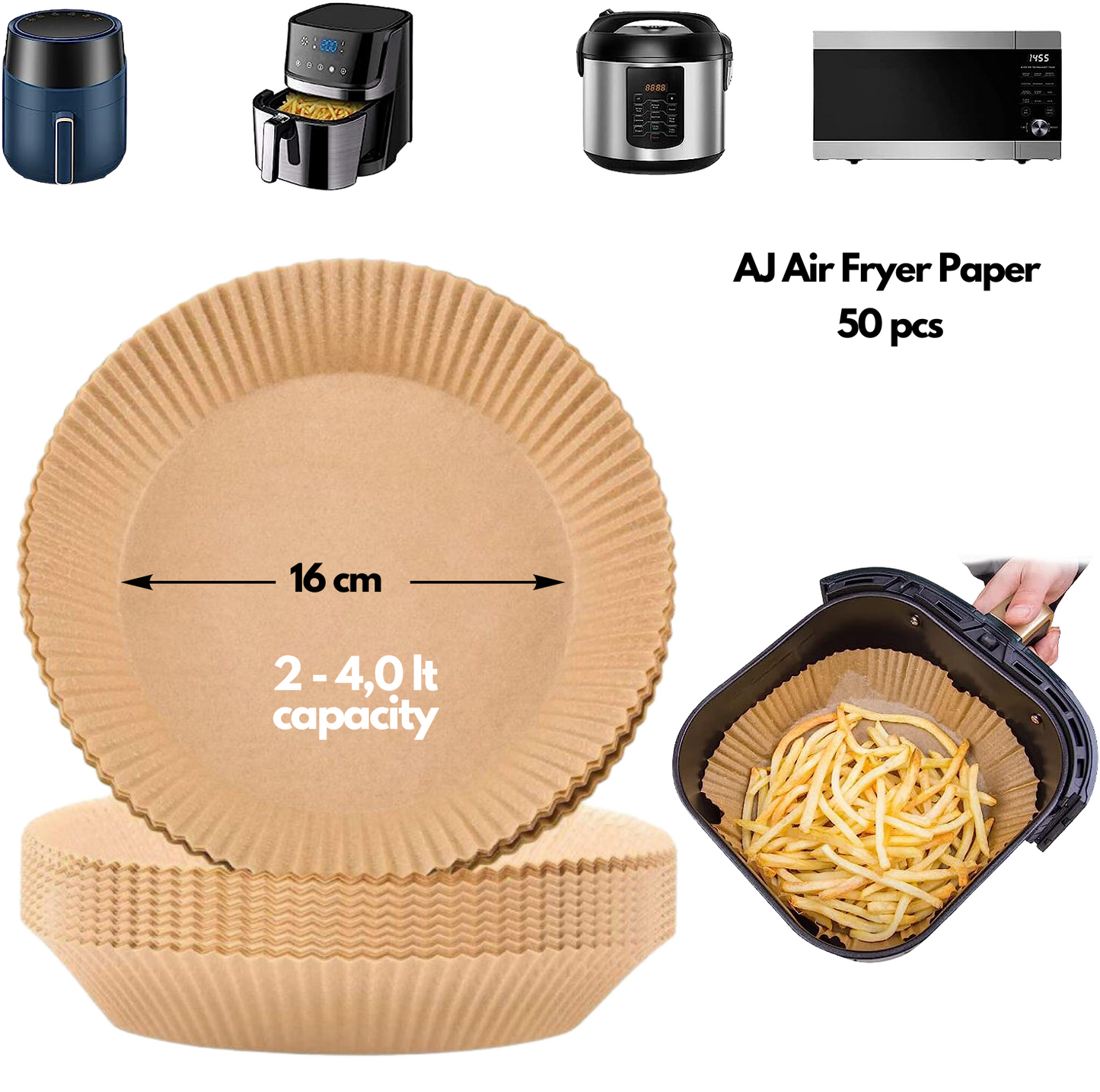 AJ Air Fryer Disposable Paper Liner Round, Non-stick Baking Papers for Air Fryer 16cm Round, Set of 50pcs