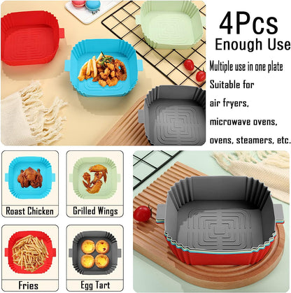 AJ Air Fryer Reusable Silicone Liner Square, Αντικολλητικά Μπολ ψησίματος για Air Fryer 20cm Τετράγωνα, Σετ των 4τμχ