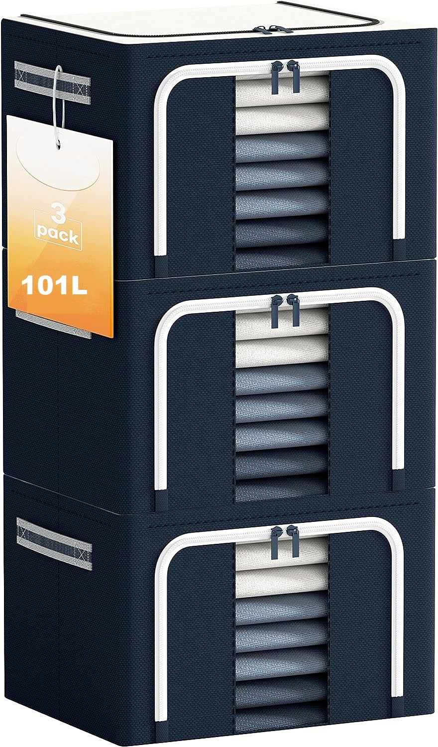 AJ Clothes Storage Organizer Bags 101L, Κουτιά Αποθήκευσης Ρούχων με 2 Ανοίγματα & Παράθυρο, Σετ των 3τμχ, 60 x 42 x 40cm, Blue