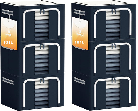 AJ Clothes Storage Organizer Bags 101L, Κουτιά Αποθήκευσης Ρούχων με 2 Ανοίγματα & Παράθυρο, Σετ των 6τμχ, 60 x 42 x 40cm, Blue