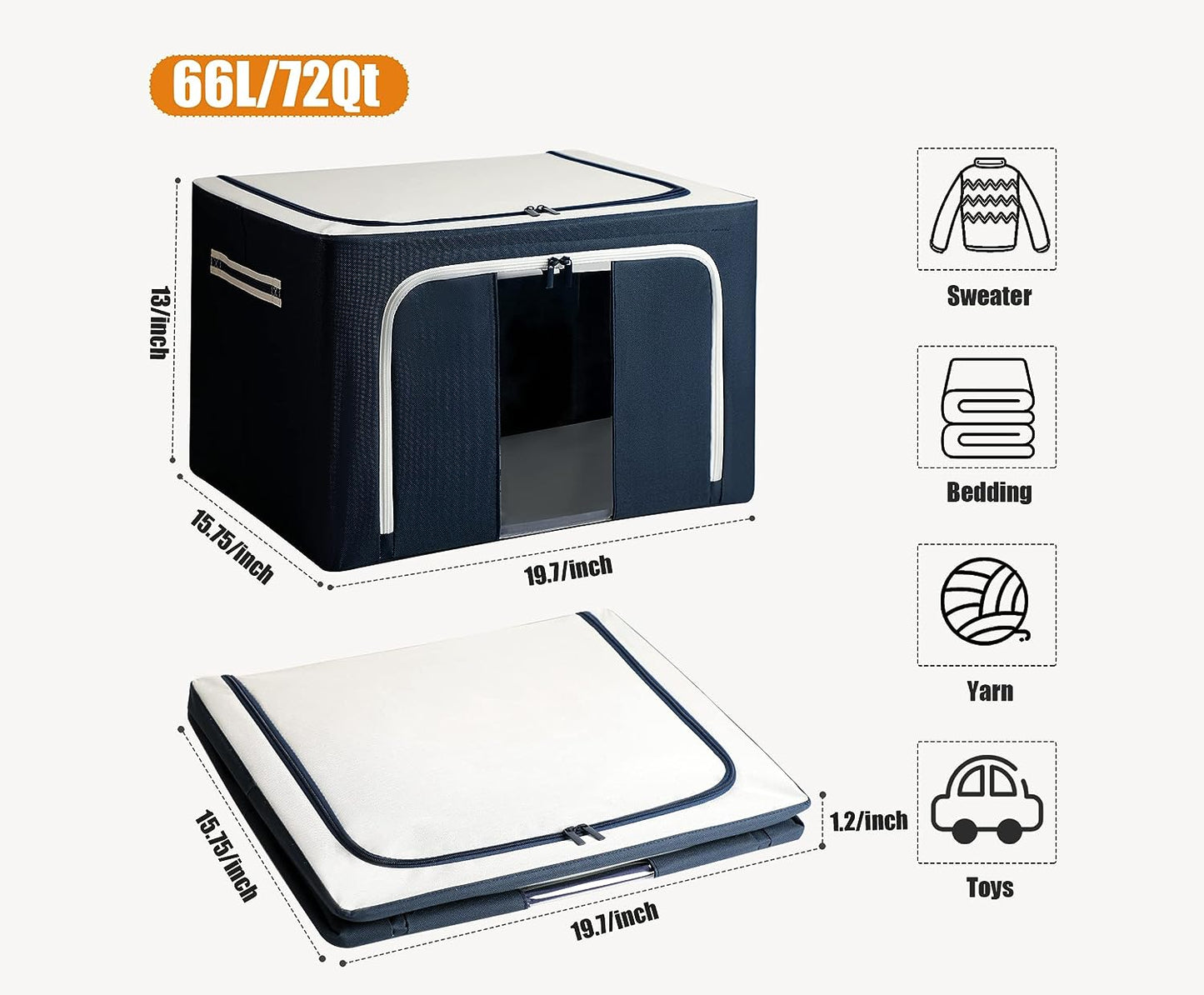 AJ Clothes Storage Organizer Bags 101L, Κουτιά Αποθήκευσης Ρούχων με 2 Ανοίγματα & Παράθυρο, Σετ των 6τμχ, 60 x 42 x 40cm, Blue