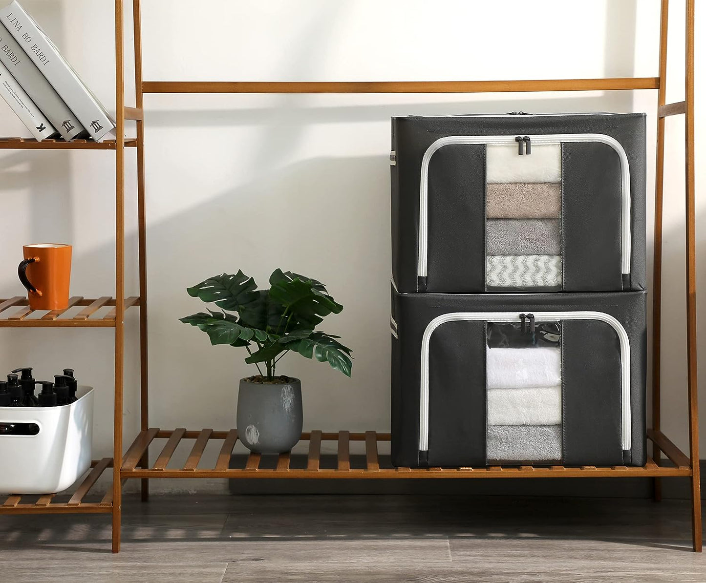 AJ Clothes Storage Organizer Bags 72L, Clothes Storage Boxes with 2 Openings and Window, Set of 3pcs, 50 x 40 x 36cm, Gray