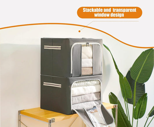 AJ Clothes Storage Organizer Bags 72L, Clothes Storage Boxes with 2 Openings and Window, Set of 3pcs, 50 x 40 x 36cm, Gray
