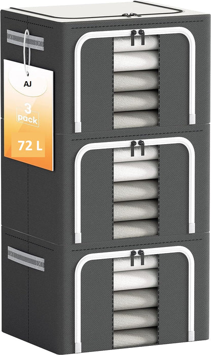 AJ Clothes Storage Organizer Bags 72L, Clothes Storage Boxes with 2 Openings and Window, Set of 3pcs, 50 x 40 x 36cm, Gray