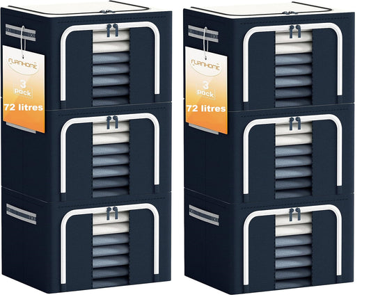 AJ Clothes Storage Organizer Bags 72L, Κουτιά Αποθήκευσης Ρούχων με 2 Ανοίγματα και Παράθυρο, Σετ των 6τμχ, 50 x 40 x 36cm, Blue