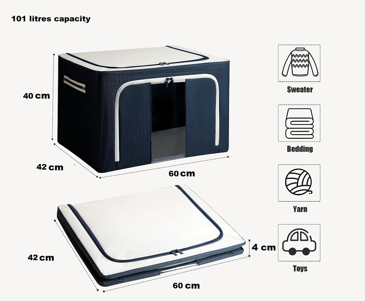 AJ Clothes Storage Organizer Bags 101L, Κουτιά Αποθήκευσης Ρούχων με 2 Ανοίγματα & Παράθυρο, Σετ των 3τμχ, 60 x 42 x 40cm, Blue