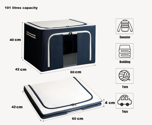 AJ Clothes Storage Organizer Bags 101L, Κουτιά Αποθήκευσης Ρούχων με 2 Ανοίγματα & Παράθυρο, Σετ των 3τμχ, 60 x 42 x 40cm, Blue