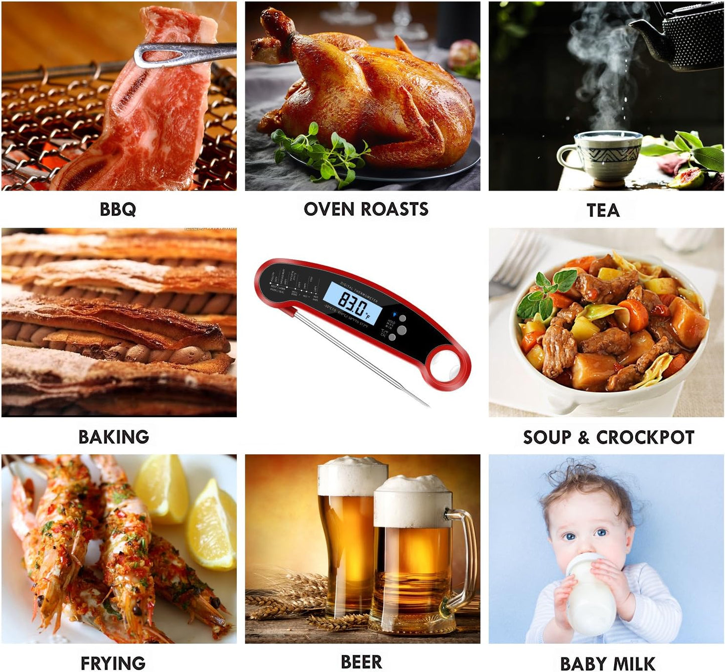 AJ Digital Meat Thermometer, Digital Cooking Thermometer with Spike and Illuminated Display