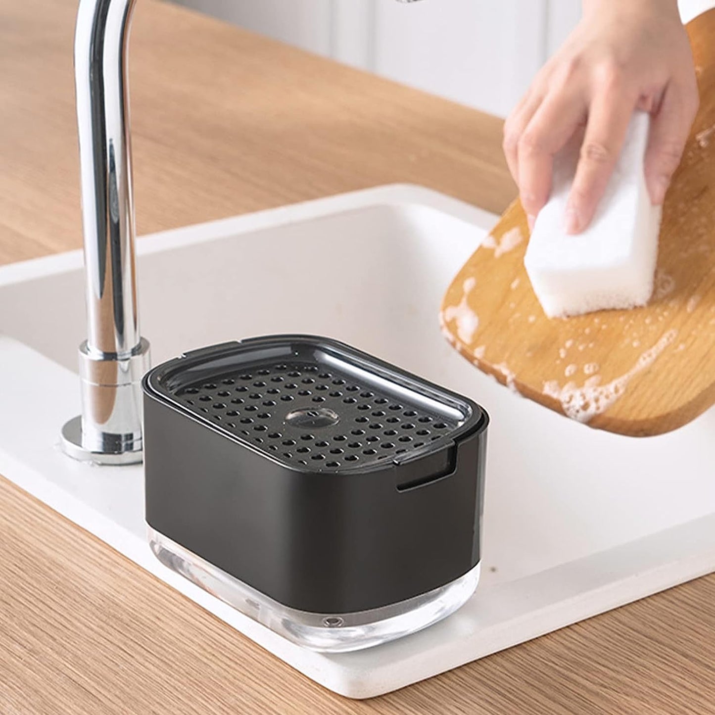 AJ Dish Soap Dispenser, 300ml Kitchen Tabletop Dispenser with Sponge Holder, Black