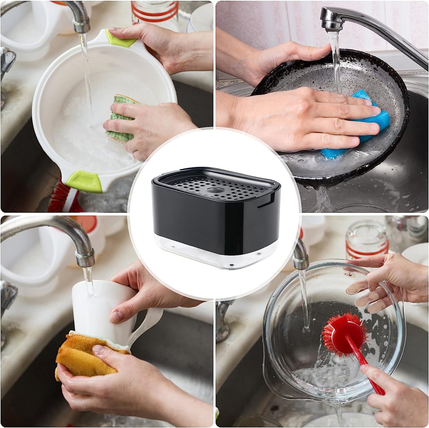 AJ Dish Soap Dispenser, 300ml Kitchen Tabletop Dispenser with Sponge Holder, Black