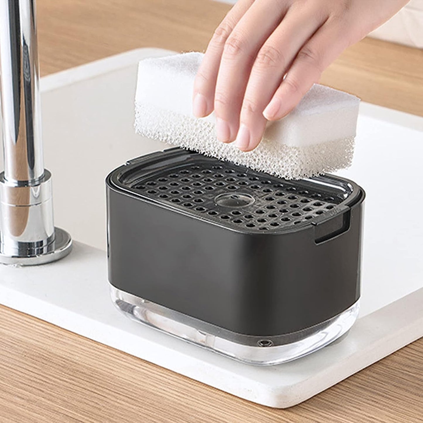 AJ Dish Soap Dispenser, 300ml Kitchen Tabletop Dispenser with Sponge Holder, Black