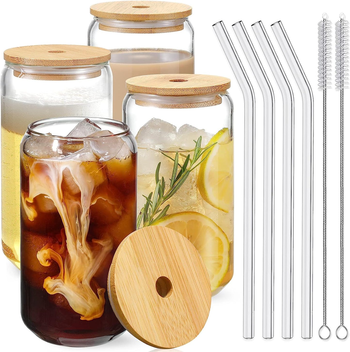 AJ Drinking Glasses with Bamboo Lids and Glass Straw, Set of 4