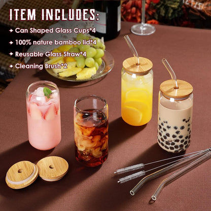 AJ Drinking Glasses with Bamboo Lids and Glass Straw, Set of 4