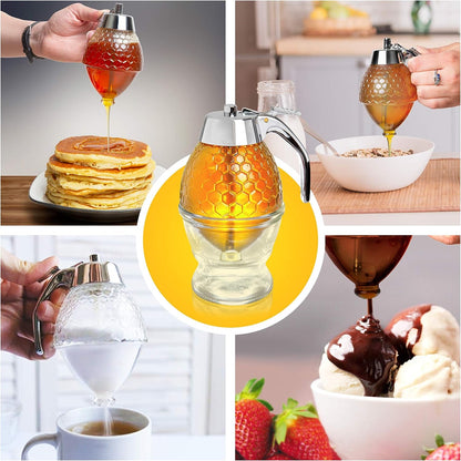 AJ Honey Dispenser with No Drip Glass, Honey dispenser/ Syrup, with Stand