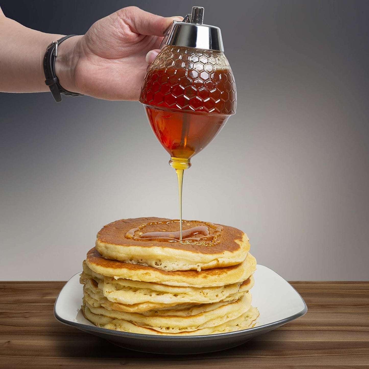 AJ Honey Dispenser with No Drip Glass, Honey dispenser/ Syrup, with Stand