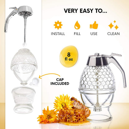 AJ Honey Dispenser with No Drip Glass, Honey dispenser/ Syrup, with Stand