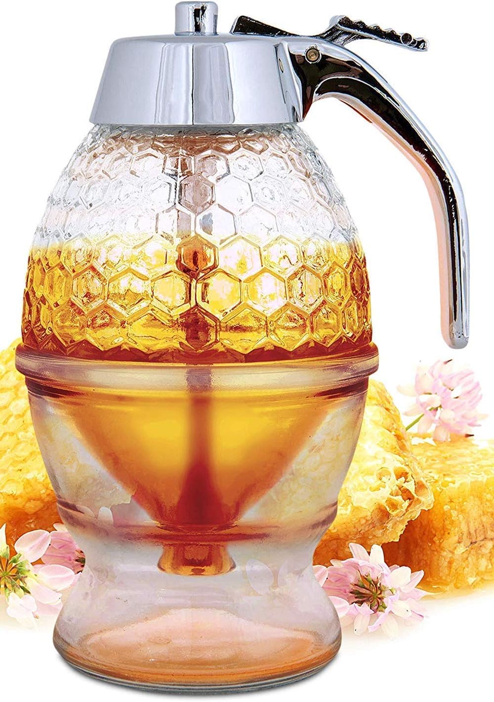 AJ Honey Dispenser with No Drip Glass, Honey dispenser/ Syrup, with Stand