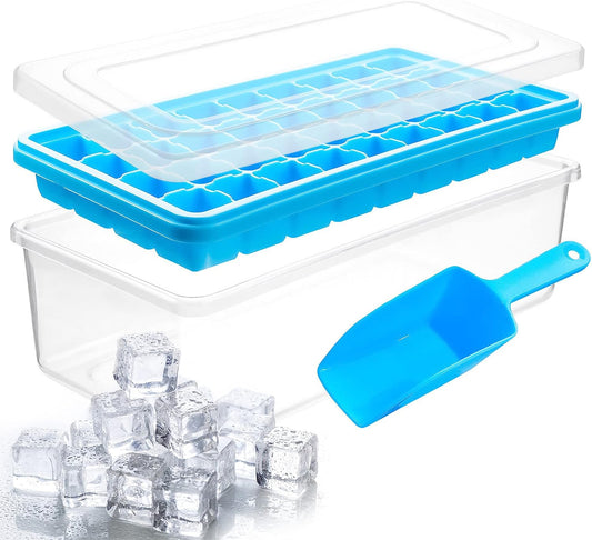 AJ Ice Cube Tray With Lid & Bin, Silicone Ice Tray, 55 Cubes, with Lid and Scoop, Ice Blue