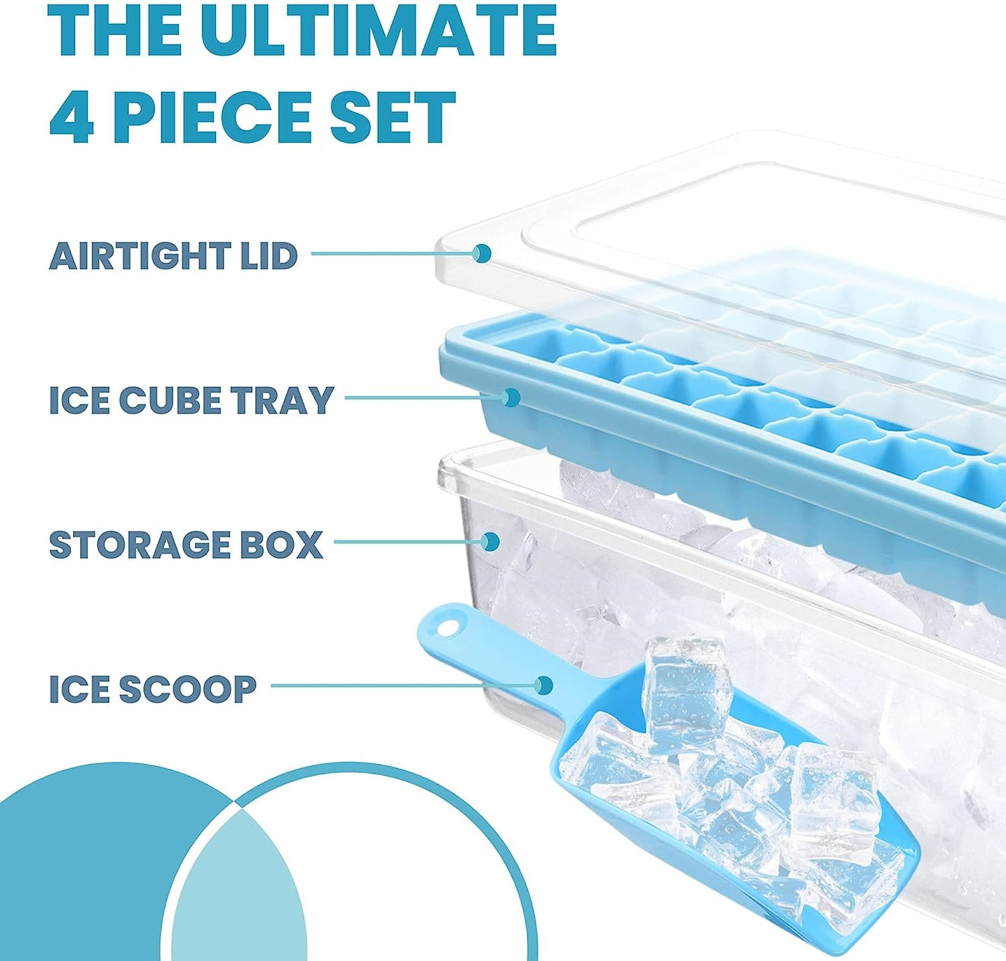 AJ Ice Cube Tray With Lid & Bin, Silicone Ice Tray, 55 Cubes, with Lid and Scoop, Ice Blue
