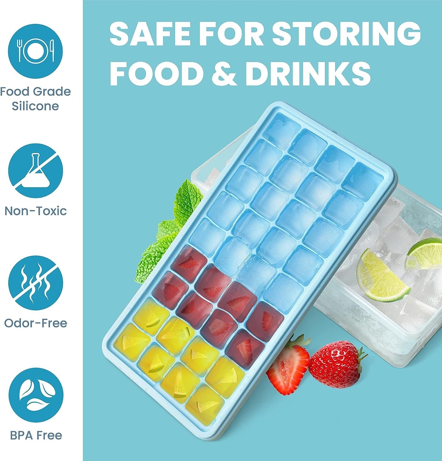 AJ Ice Cube Tray With Lid & Bin, Silicone Ice Tray, 55 Cubes, with Lid and Scoop, Ice Blue