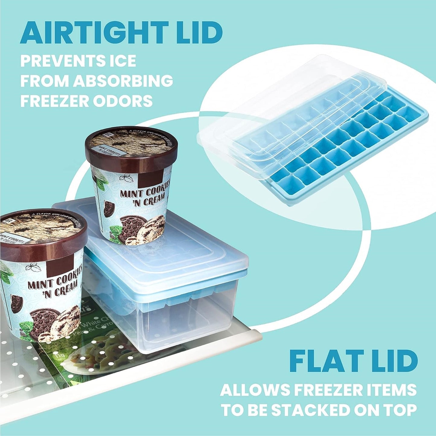 AJ Ice Cube Tray With Lid & Bin, Silicone Ice Tray, 55 Cubes, with Lid and Scoop, Ice Blue