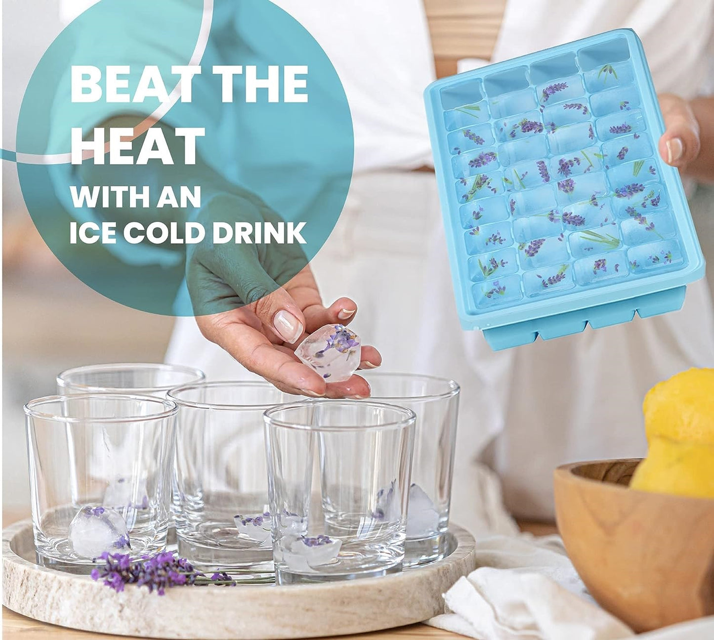 AJ Ice Cube Tray With Lid & Bin, Silicone Ice Tray, 55 Cubes, with Lid and Scoop, Ice Blue