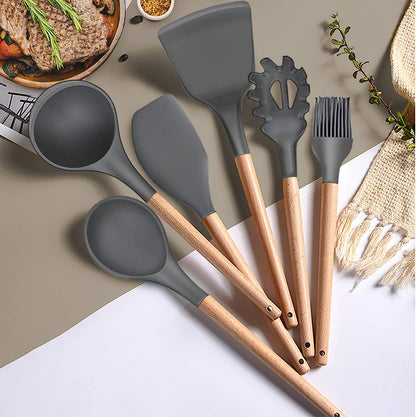 AJ Kitchen Utensil Set, 14pcs Silicone Cooking Utensil Set, Non-Stick with Stainless Handle, Gray