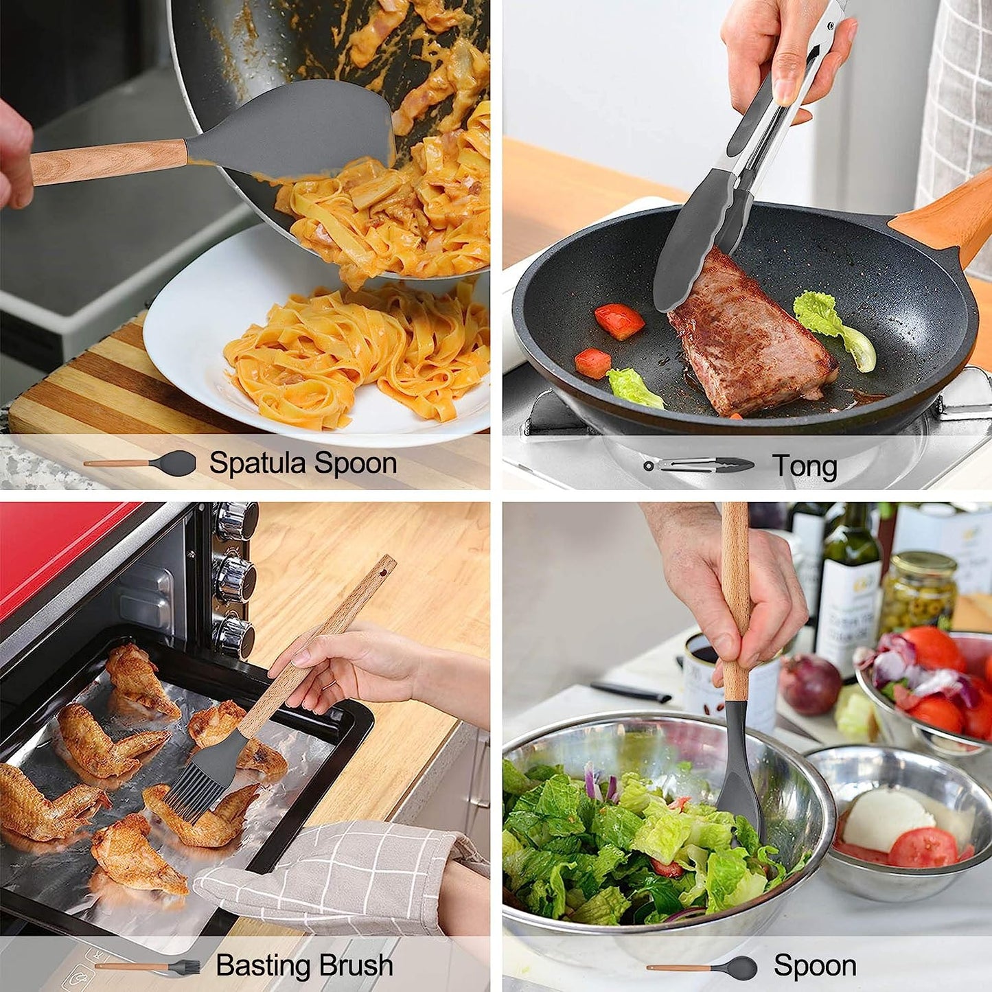 AJ Kitchen Utensil Set, 14pcs Silicone Cooking Utensil Set, Non-Stick with Stainless Handle, Gray