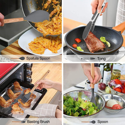 AJ Kitchen Utensil Set, 14pcs Silicone Cooking Utensil Set, Non-Stick with Stainless Handle, Gray