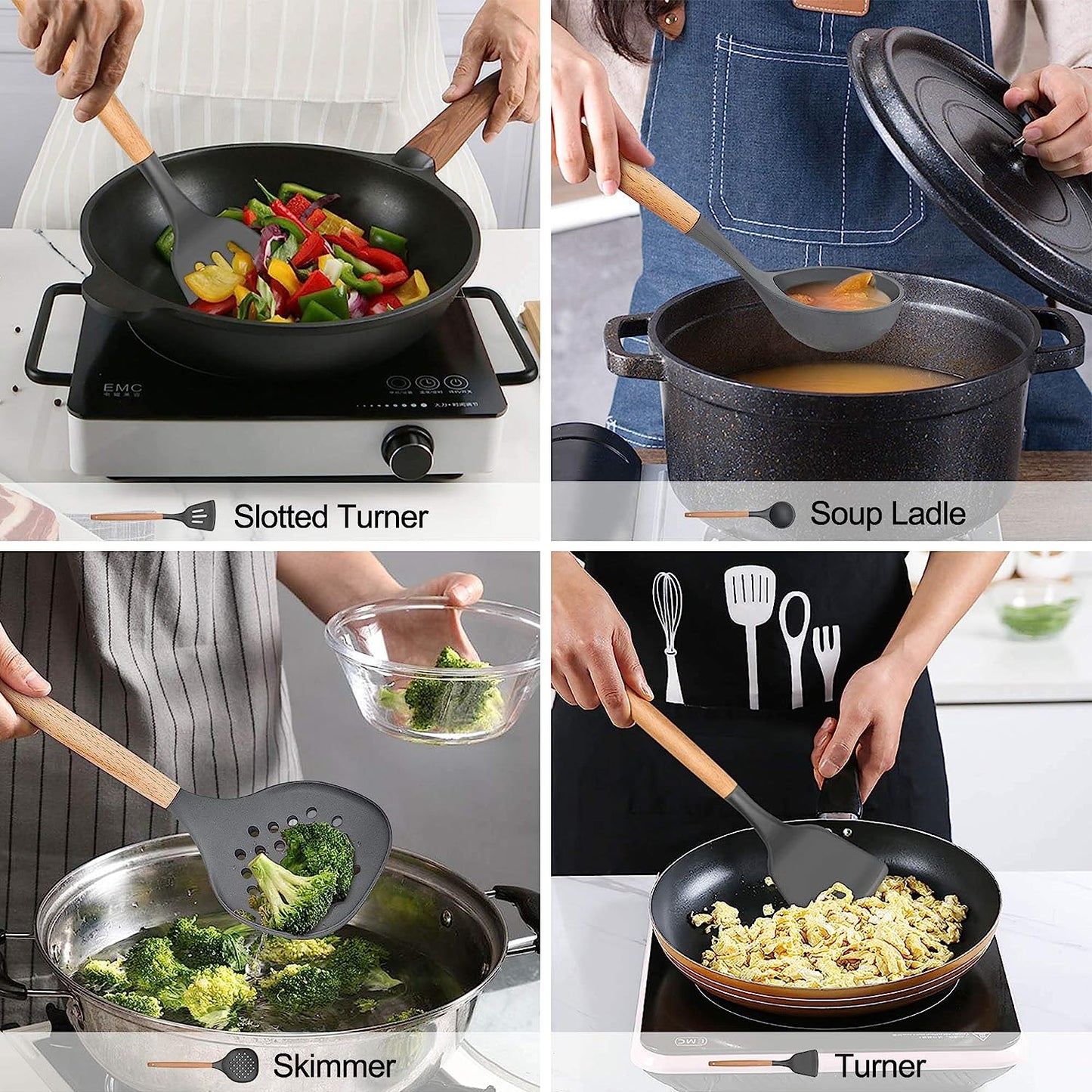 AJ Kitchen Utensil Set, 14pcs Silicone Cooking Utensil Set, Non-Stick with Stainless Handle, Gray