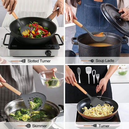 AJ Kitchen Utensil Set, 14pcs Silicone Cooking Utensil Set, Non-Stick with Stainless Handle, Gray