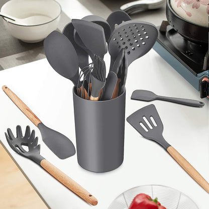 AJ Kitchen Utensil Set, 14pcs Silicone Cooking Utensil Set, Non-Stick with Stainless Handle, Gray