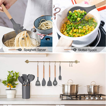 AJ Kitchen Utensil Set, 14pcs Silicone Cooking Utensil Set, Non-Stick with Stainless Handle, Gray