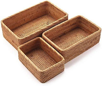 AJ Natural Rattan Storage Baskets Rectangular, Set of 3, Natural Brown