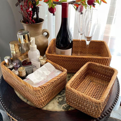AJ Natural Rattan Storage Baskets Rectangular, Set of 3, Natural Brown