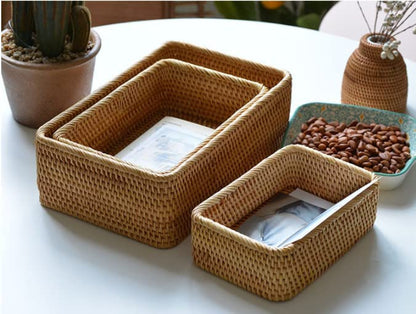 AJ Natural Rattan Storage Baskets Rectangular, Set of 3, Natural Brown