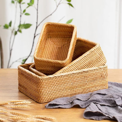 AJ Natural Rattan Storage Baskets Rectangular, Set of 3, Natural Brown