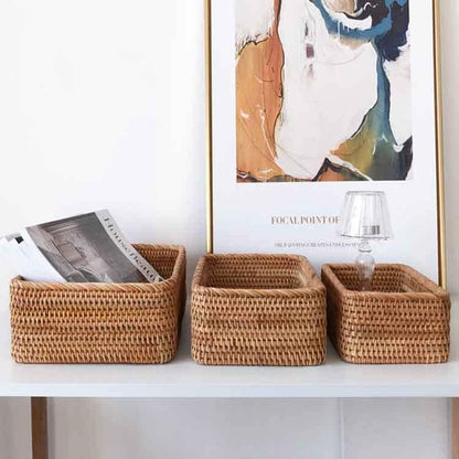 AJ Natural Rattan Storage Baskets Rectangular, Set of 3, Natural Brown