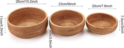AJ Natural Rattan Storage Baskets Round, Storage Baskets Round, Set of 3pcs, Natural Brown