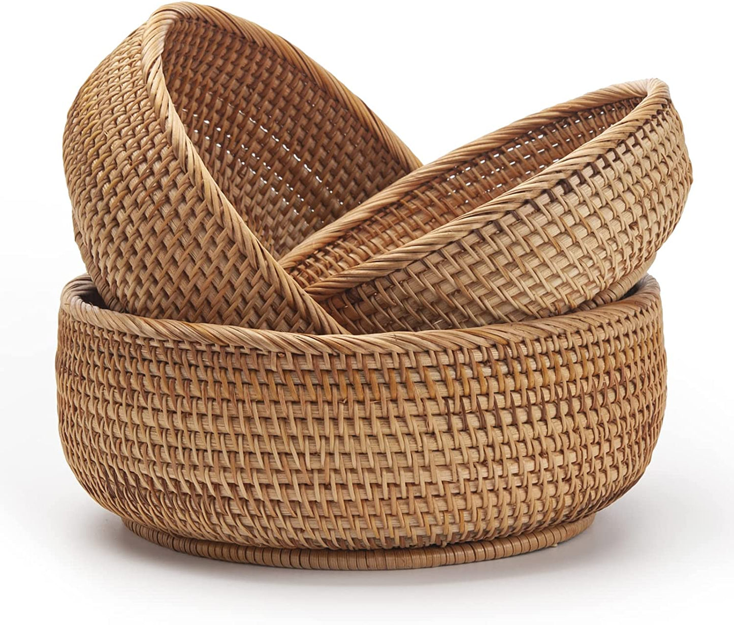 AJ Natural Rattan Storage Baskets Round, Storage Baskets Round, Set of 3pcs, Natural Brown