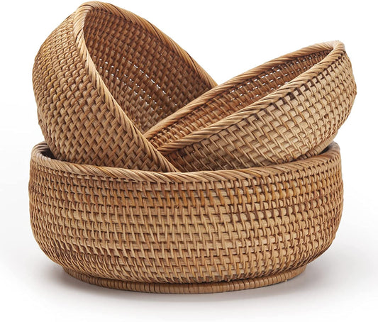 AJ Natural Rattan Storage Baskets Round, Storage Baskets Round, Set of 3pcs, Natural Brown
