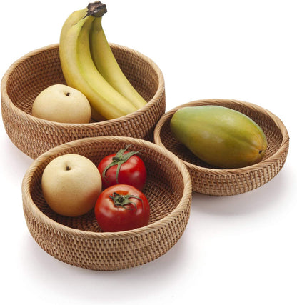 AJ Natural Rattan Storage Baskets Round, Storage Baskets Round, Set of 3pcs, Natural Brown