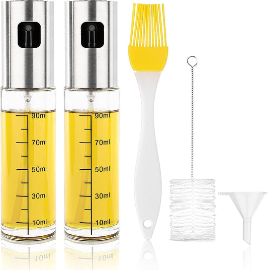 AJ 2Pack Oil Sprayer for Cooking 100ml, Glass Oil Spray Container, Set of 2pcs with Brush, Cleaning Brush & Funnel